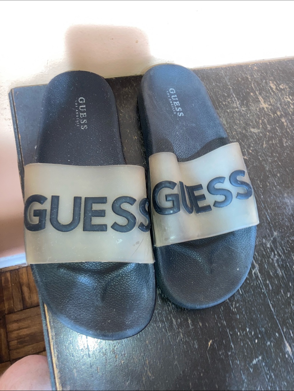 GUESS Black Slides with Translucent Champagne Strap